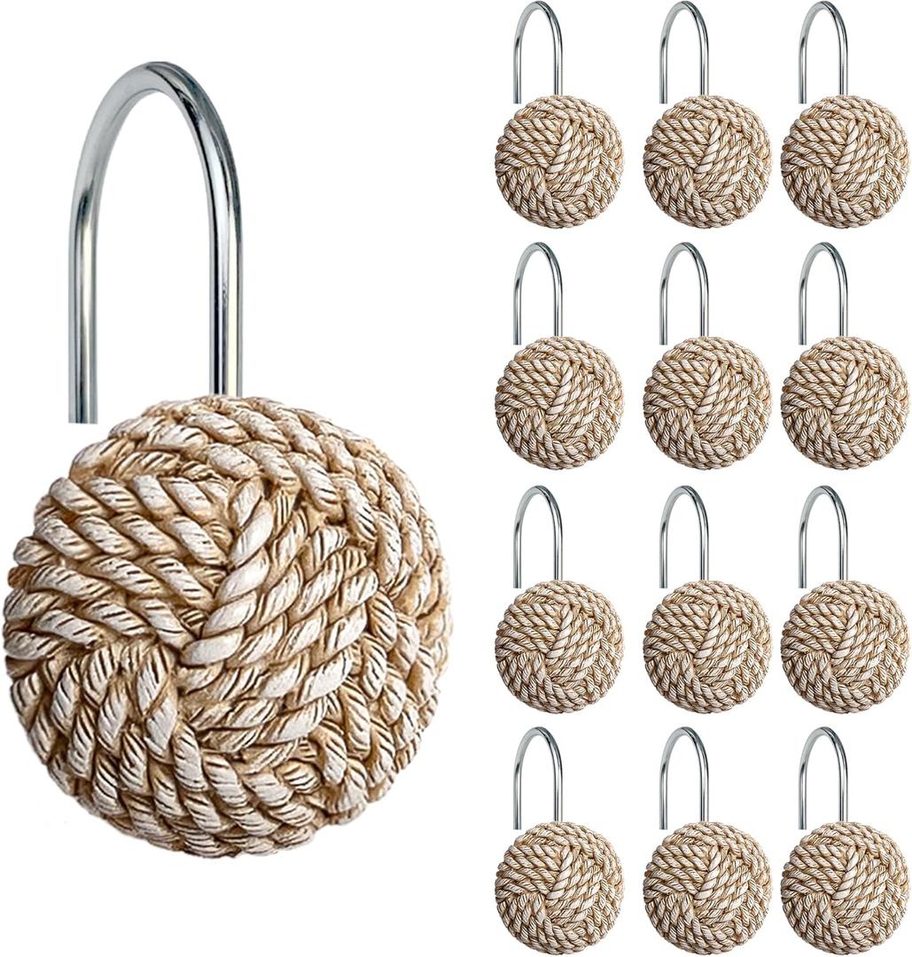 Boho Knots Shower Curtain Hooks, Home Decorative Shower Curtain Rings for Bathroom, Seaside Nautical Shower Curtain Hangers Bathroom Accessories, Set of 12