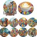 Ijbnhd 8 Pcs Diamond Art Coasters Kits, House Diamond Painting Coasters Kit with Holder, Diamonds Art Non Slip Coaster Crafts Kits for Adults Gifts 4x4 inch (Cork Wooden Pad)