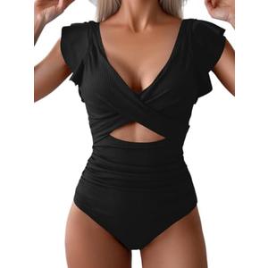 B2prity Women's One Piece Swimsuit Ruffle Cutout Bathing Suits Slimming Tummy Control V Neck Wrap Swimwear, M