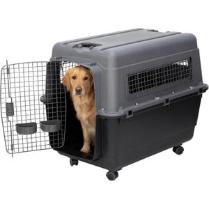 SportPet Airline Compliant X-LARGE 32.25" Travel Dog Kennel-Durable Plastic Airline Pet Carrier w/Removable Wheels & Food Bowls, Collapsible Indoor/Outdoor Dog Kennel, Dogs up to 32"L & 23"H-Dark Gray