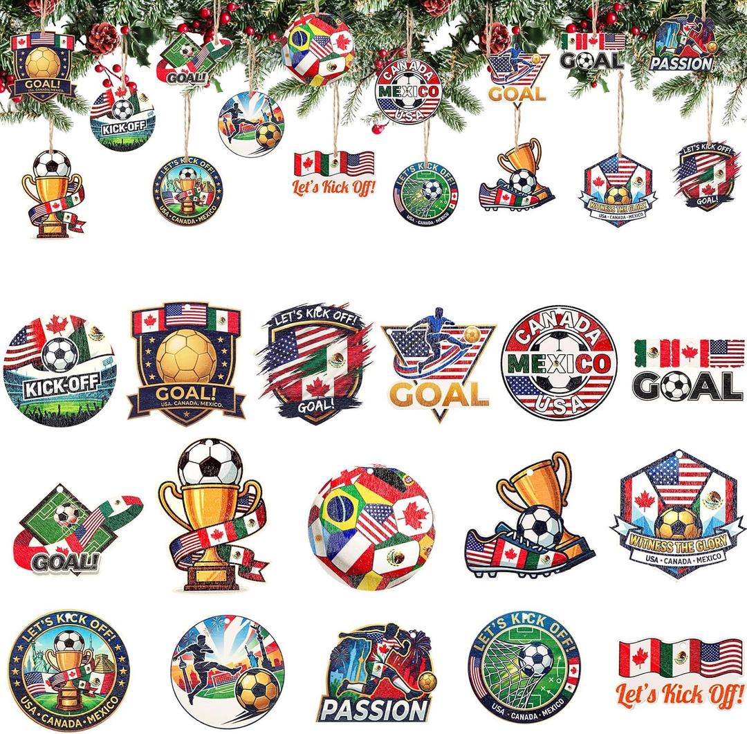 Blueweenly 32 Pcs Mini Soccer Tree Ornaments, Wooden USA Canada Mexico
