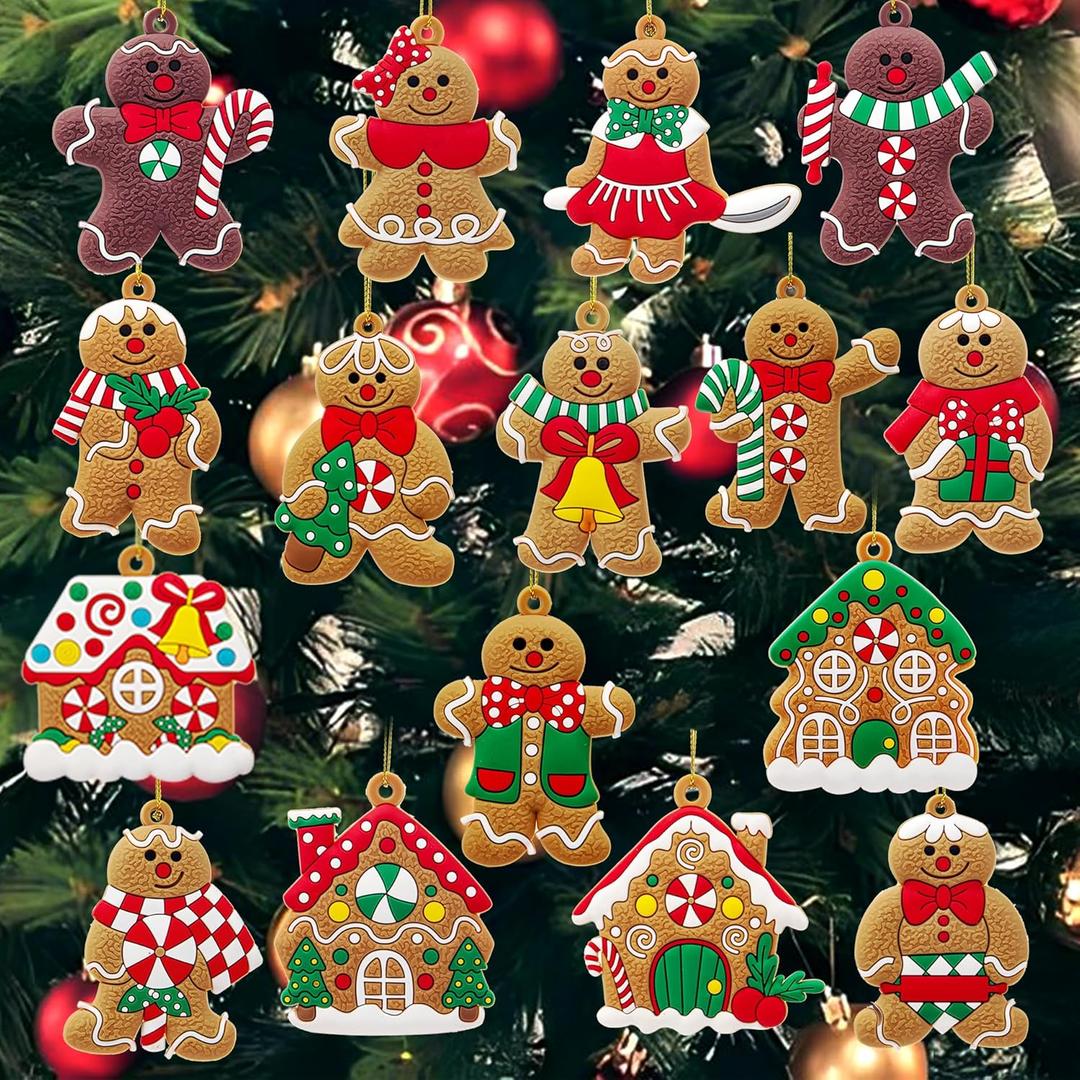 16 PCS Gingerbread Man Ornaments for Christmas Tree, Gingerbreads House Ornament, Christmas Tree Hanging Party Decor for Xmas Home Kitchen Holiday Decor