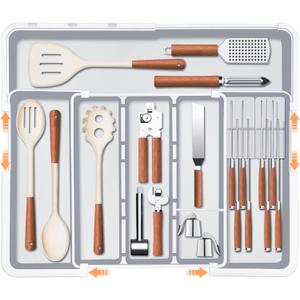 Homecor Large Utensil Organizer for Kitchen Drawer, Expandable Silverware Drawer Organizer Cooking Utensils Tray, Cutlery Flatware Holder Kitchen Spatula Tools & Gadgets Storage with 3 Dividers, Grey