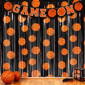 Tingjoo 2 Pack Basketball Party Decorations 3.3 x 6.6 ft Basketball Foil Fringe Curtains Black and Orange Photo Backdrop for Sports Party Birthday Race Day
