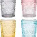 Amzcku Colored Drinking Glasses Set of 4, Vintage Glassware 10 oz- For Cocktails, Mixed Drinks, Whiskey, Beverage, Water, Milk and Juice (colored Flower Tumbler)