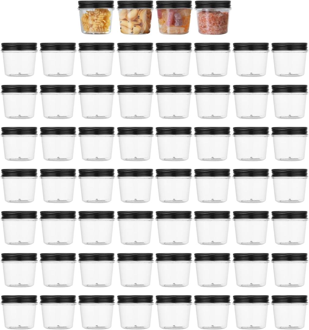 novelinks Plastic Jars With Lids 60Pcs 4 oz Mason Jars Plastic Mason Jars 4 oz Food Storage for Milkshakes Juice Nuts Cupcakes (Black, 60 Pack 4 Ounce)