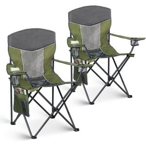 Outdoor Camping Chair 2-Pack with Mesh Back, Folding Portable Lawn Chairs with Cup Holder & Side Storage Pocket for Camping, Beach, Picnic, Fishing(Green)
