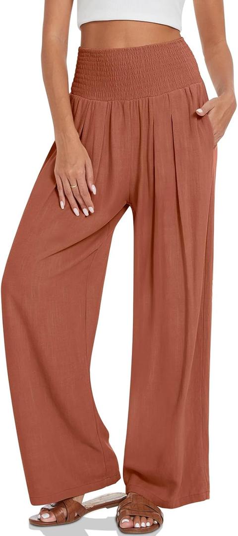 UEU Women's Linen Palazzo Pants Wide Leg High Waisted Lounge Casual Beach Pants with Pockets (X-Large, Light Red Brown)