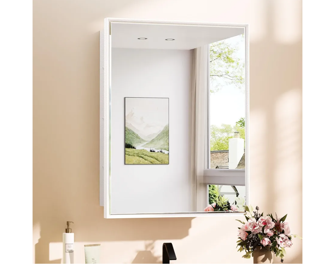 TokeShimi 21x27 Recessed Medicine Cabinet with Mirror Surface Mounted, Metal Beveled Mirror with Storage for Bathroom Vanity, Aluminum Alloy Medicine Cabinet Mirrored White
