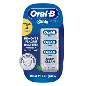 Oral-B Glide Dental Floss, Shred Resistant, Gentle on Gums, Natural Wax, Slides Smoothly, Deep Clean Cool Mint Flavor, 40 M, 3 Count (131.23 Foot (Pack of 3))