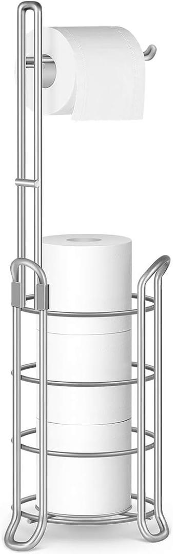 TomCare Toilet Paper Holder Toilet Paper Stand Free-Standing Toilet Tissue Paper Roll Bathroom Storage Shelf and Dispenser for 3 Spare Rolls Metal Wire Bathroom Accessories Storage Organizer (Silver Grey)