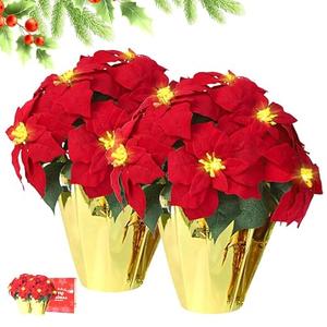 HOMESEASONS 2 Pack Large Outdoor 18" Pre-Lit Christmas Decorations Flower LED Lighted Artificial Poinsettia Plants - Faux Poinsettia Flowers in Pot with Lights for Outdoor Use (Red,18inch)