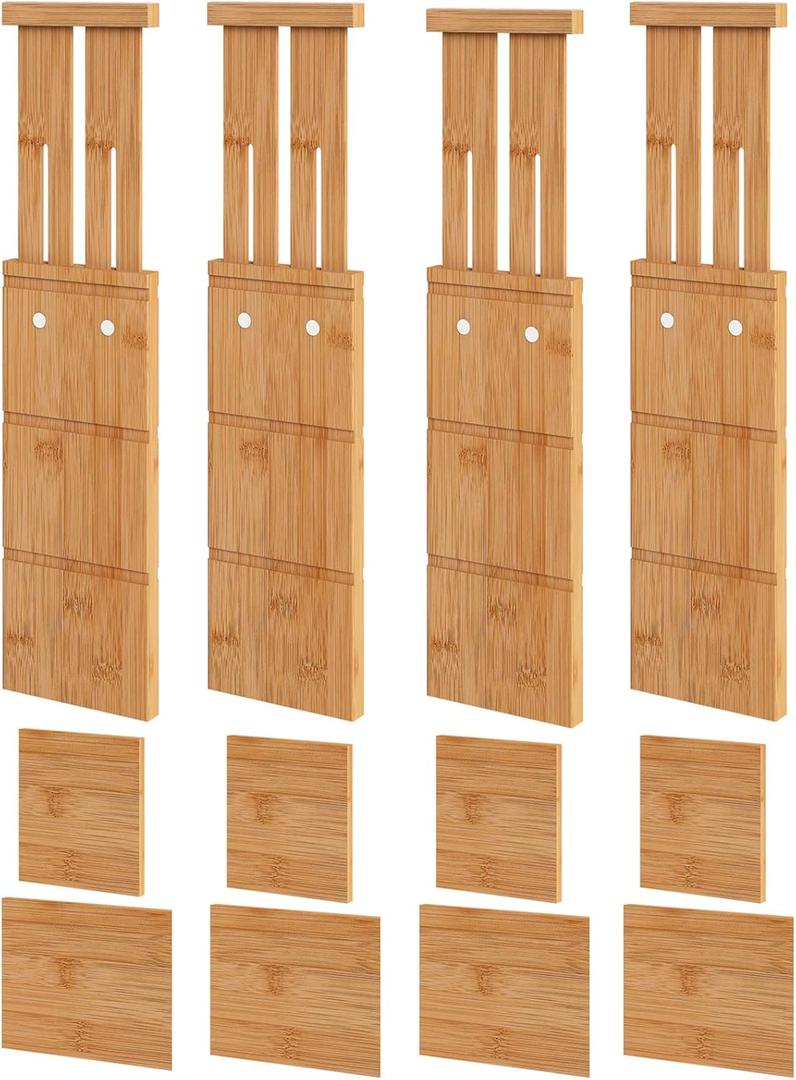 4.4" High Drawer Dividers with Inserts, Bamboo Drawer Dividers for Clothes, Expandable from 12-17.5", Adjustable drawer organizer for Bedroom, Kitchen & Office, 4 Dividers with 8 Insert.
