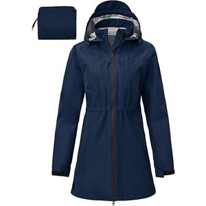 MoFiz Rain Jacket Women With Hood Waterproof Long Packable Rain Coat Lightweight Windbreaker Jacket Adjustable Drawstring at Waist for Travel Commuting Hiking Navy Blue 2XL