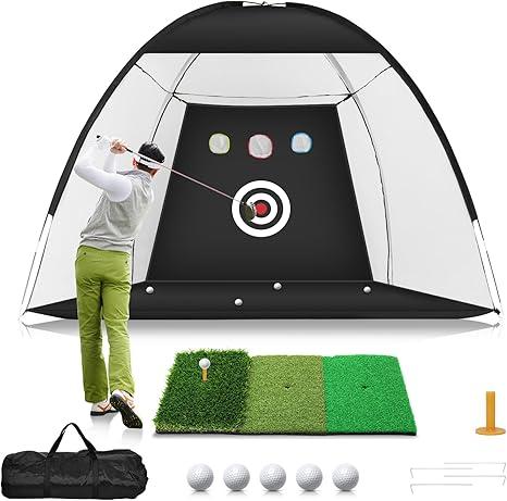 Golf Practice Net, 10 x 7 ft with Tri-Turf Mat, All-in-1 Backyard, Chip, Swing Aid with Target, Mat, Balls, Stand, Bag, Gift for Men and Golf Lovers