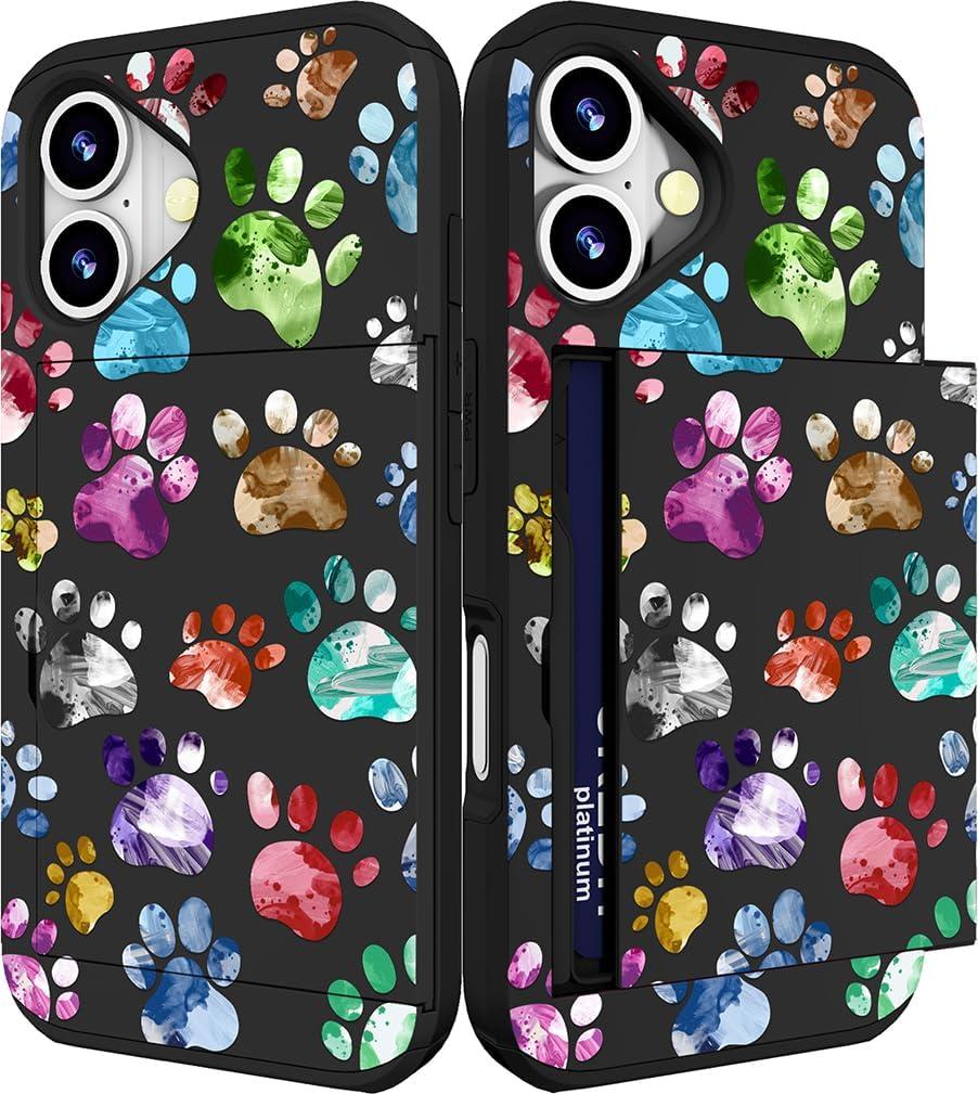 Compatible with iPhone 17 Case with Card Holder Cute Shockproof Drop Protection Phone Wallet Slot Cover Cases for Women - Pink Paws Dog Craws