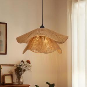 Littleglovo Pendant Lights Kitchen Island, 15.7" Boho Jute Rope Hand Woven Hanging Light Fixture, 1-Light Wicker Coastal Rustic Farmhouse Chandelier for Dining Room Bedroom Living Room Entryway Foyer