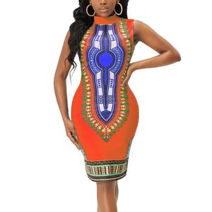 JTNFairy Boho African Attire Elegant Dresses for Women Dashiki Sleeveless Knee Length Mexican Ethnic Orange Dress (M)