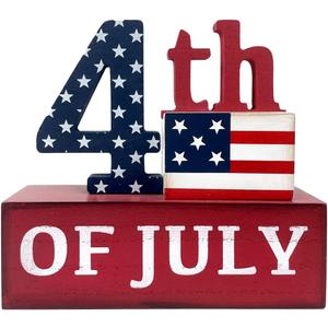 4th of July Decorations Patriotic Decor Wooden US Flag American Decoration Rustic Farmhouse Memorial Day Decor Block Independence Signs Tabletop for Home 250th Anniversary