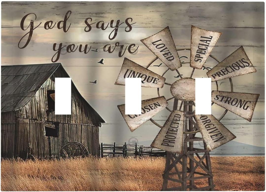 Western Barn Windmill Cabin Rustic Inspirational Quotes 3 Gang Light Switch Covers Triple Toggle Wall Plate Decorative Switchplate Electrical Faceplate for Farmhouse Bathroom Bedroom Decor