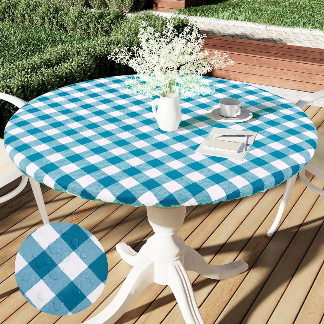 Smiry Round Picnic Tablecloth, Elastic Waterproof Fitted Vinyl Tablecloths for 36"-44" Tables, Flannel Backed Buffalo Plaid Table Cover for Dining, Camping, Outdoor, White and Turquoise