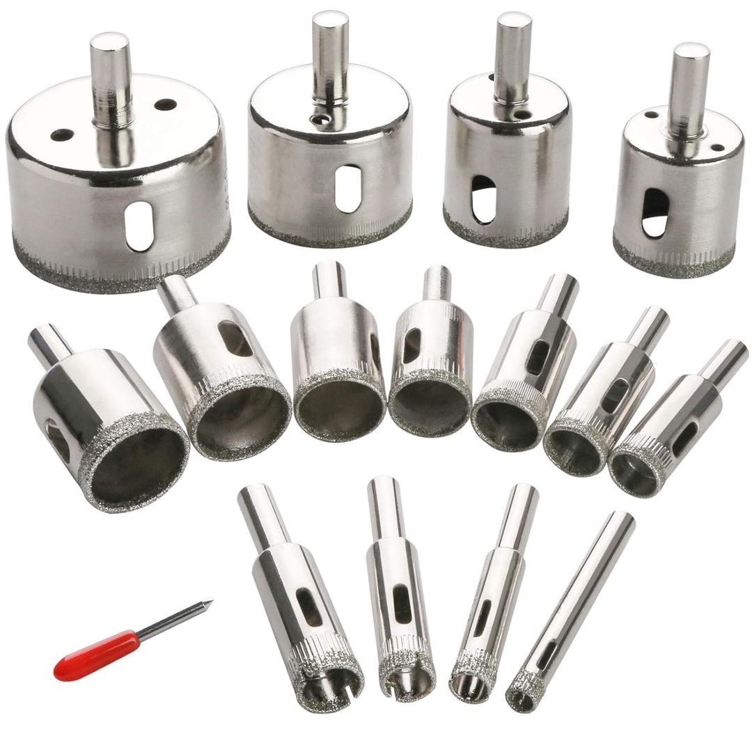 3 otters 15PCS Diamond Hole Saw Kit, Glass Drill Bits for Drilling Holes in Glass, Bottles, Marble, Granite Stone, Tile Cutting 0.24 Inch - 2 Inch6mm - 50mm