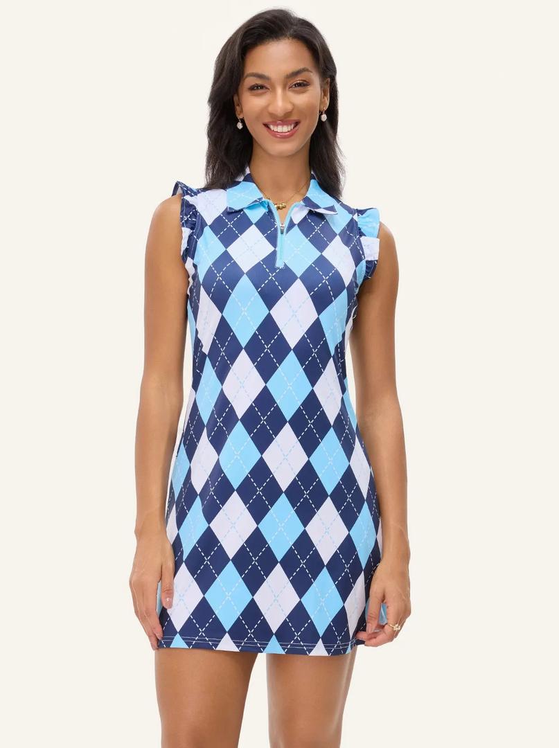 SONEVEN 34" BLUE CHECKERBOARD QUARTER-ZIP RUFFLED SLEEVELESS DRESS WITH SHORTS, M, BLUE CHEKEREDBOARD