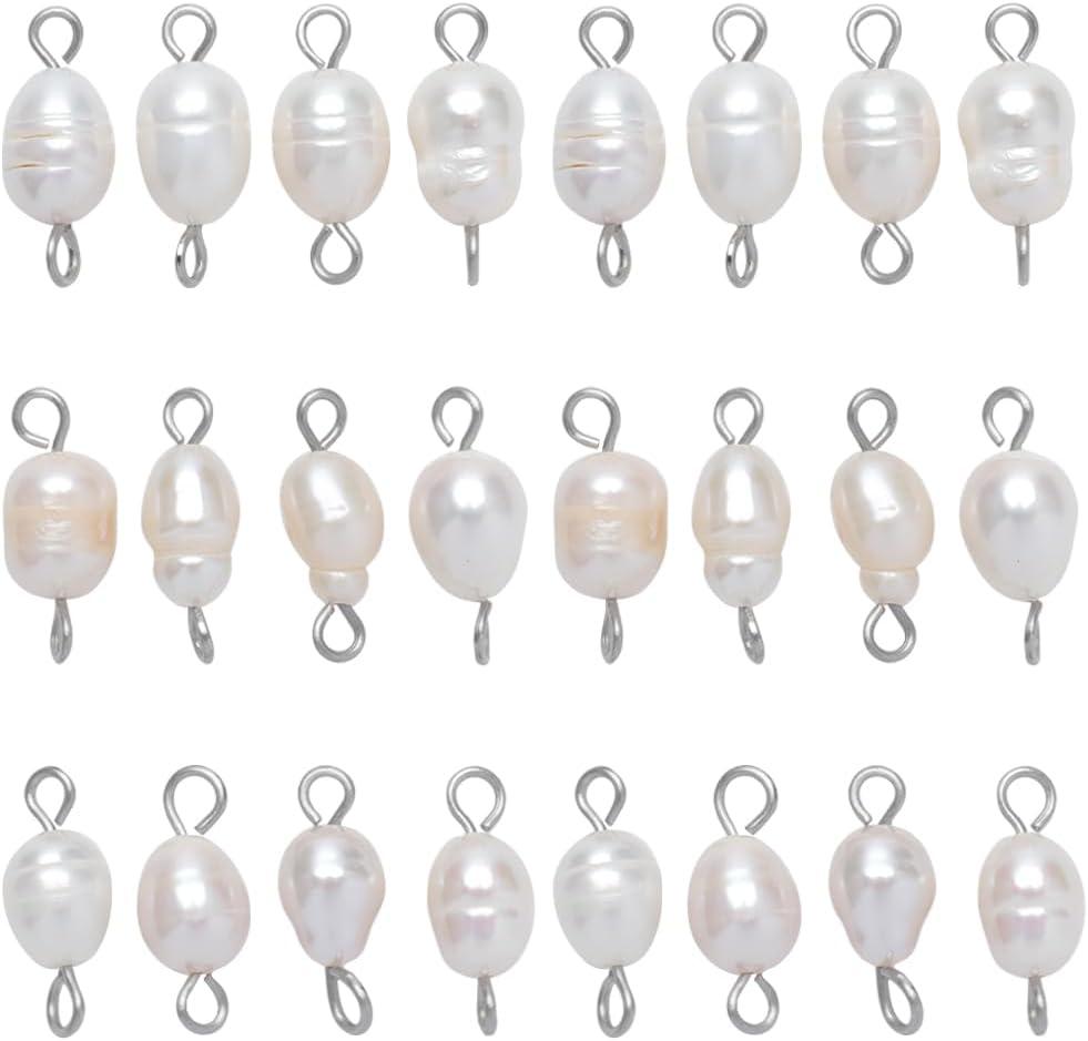 SUNNYCLUE 1 Box 30Pcs Natural Freshwater Pearl Beads Double Loop Links Connectors Baroque Pearls Round Beads 304 Stainless Steel Connector for Women Necklace Bracelet DIY Craft Jewelry Making Charms (Silver Eye Pins White Pearl Beads)