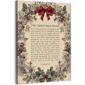 PQKIY Vintage Christian Christmas Wall Art,Religious Nativity Bible Verse Scripture Xmas Decor,Christmas Berry Wreath Holiday Wall Art for Farmhouse Home Bedroom Living Room,11x14 Inch