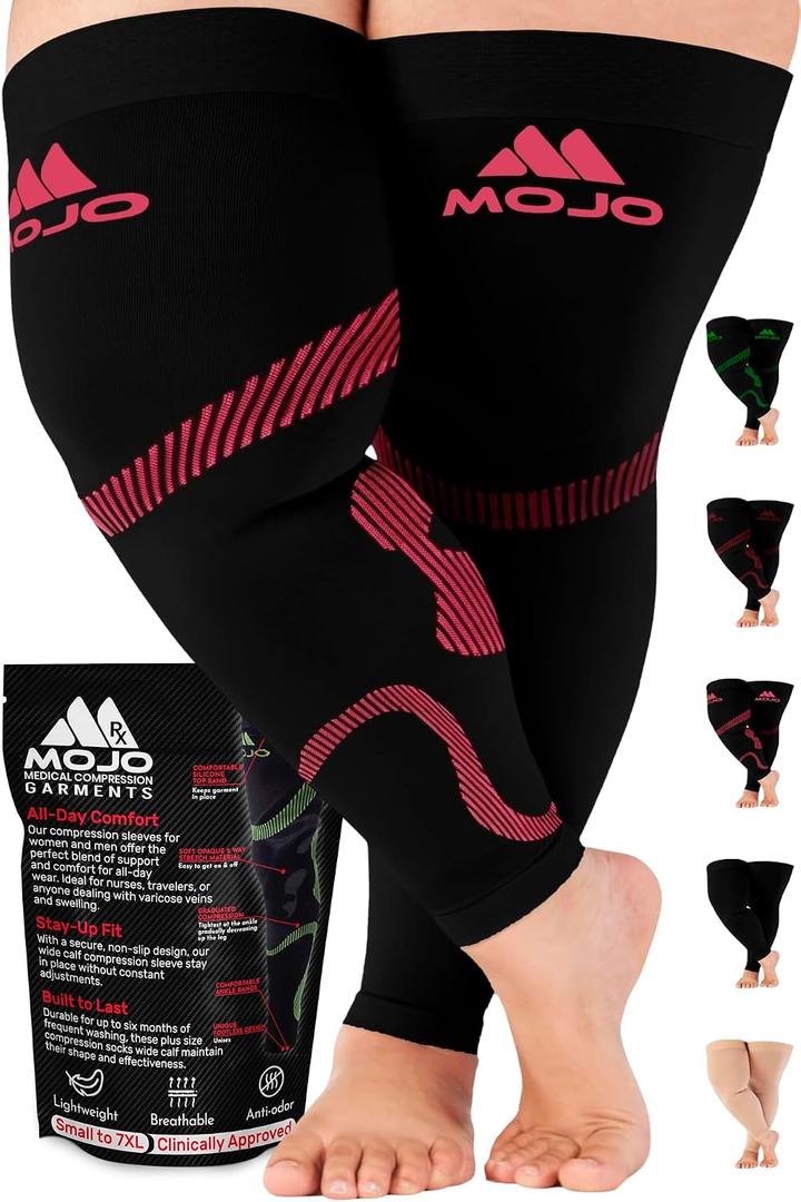 Mojo Compression Socks for Lymphedema - 6XL Hot Pink Plus Size Thigh-Hi Leg Sleeve for Improved Circulation and Reduced Swelling - 20-30mmHg Compression with Grip Top, Extra Wide Ankle, Calf, and