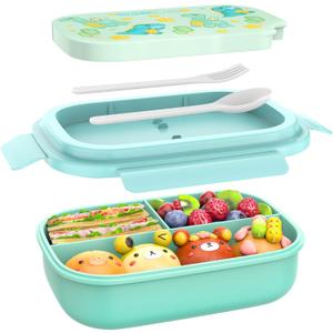 Bento Box for Kids, Bento Lunch Box for Girls & Boys, 3-Compartment Non-BPA Lunch Container with Utensils, Microwave & Dishwasher Safe, Ideal for Meal Prep & School (green), Standard