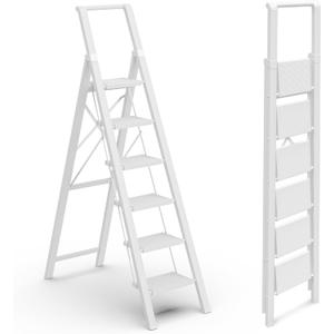 GameGem 6 Step Ladder for 12 Feet High Ceiling, Lightweight Aluminum Folding Step Stool with Convenient Handgrip, Stepladders with Anti-Slip and Wide Pedal for Home Use Space Saving - White