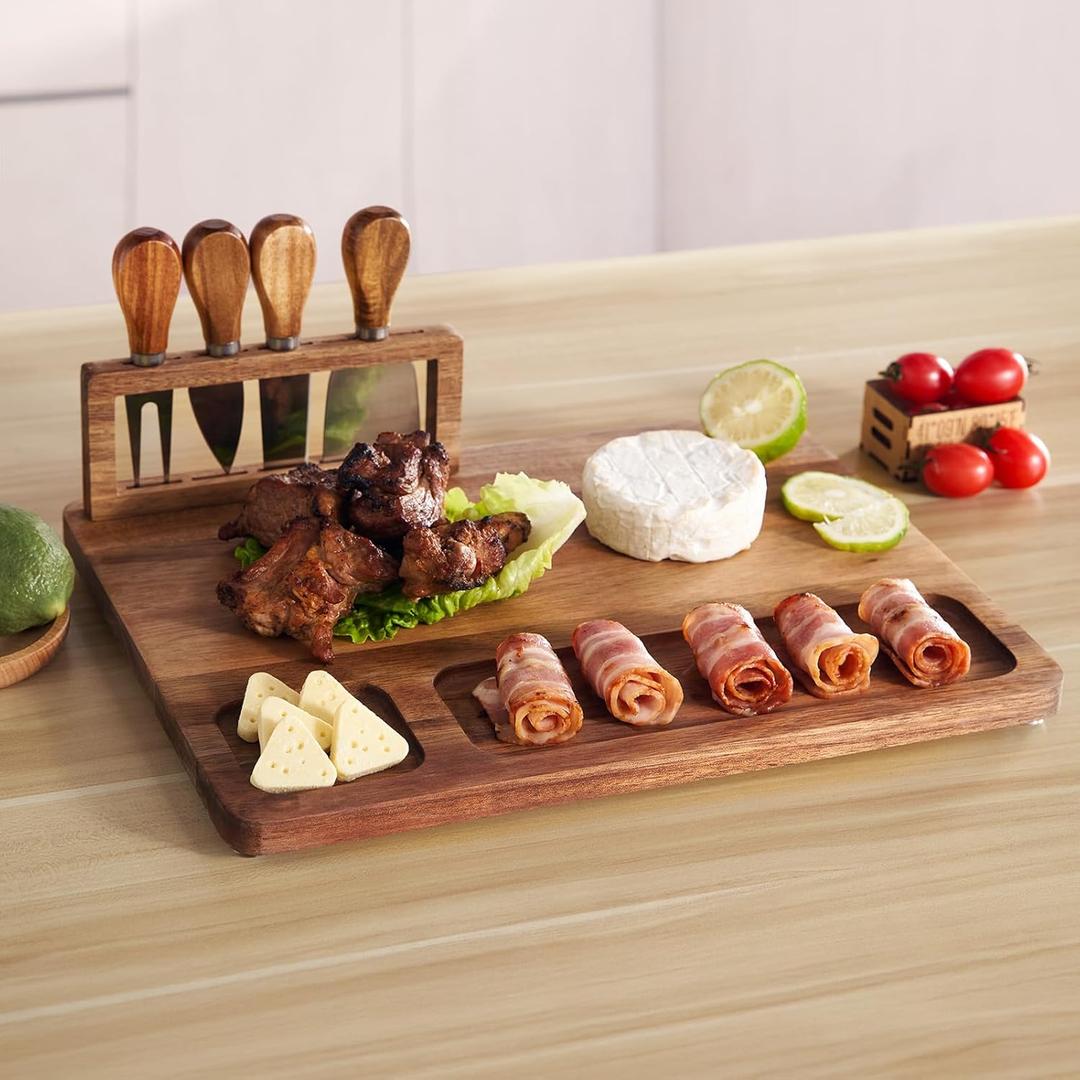 Acacia Wood Charcuterie Board, Cheese Board Set with Magnetic Knife Holder, 14"x 11" Large Serving Tray for Meat and Cheese, Ideal Gift for Anniversary, Christmas, Thanksgiving, Wedding, Halloween