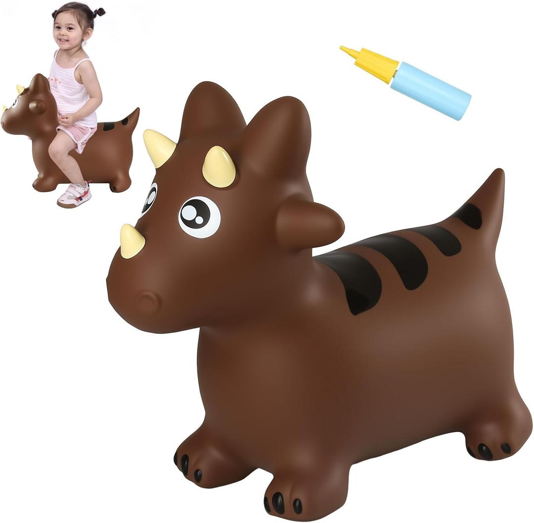 INPANY Bouncy Horse, Dinosaur Hopper Toys, Toddler Bouncing Animal, Dinosaur Party Decorations, Inflatable Ride on Rubber Triceratops Bouncer, Outdoor Cool Birthday Gift for 2 3 4 Yr Boy Girl Brown
