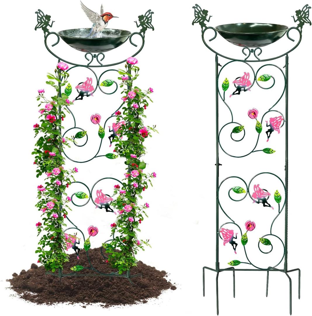 HONGLAND 36.5" Metal Bird Bath with Trellis, Outdoor Garden Birdbath with Detachable Bowl & Climbing Plant Support, Decorative Bird Feeder Station with Fairy for Yard, Patio, Fence