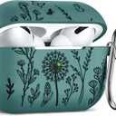 3 x Minyee Airpods Pro 2nd Generation Case, Cute Floral Engraved Soft Silicone Two-Tone Protective Cover Compatible with Apple Airpods Pro 2nd & 1st Generation Case with Keychain Women, Pine Green/Black