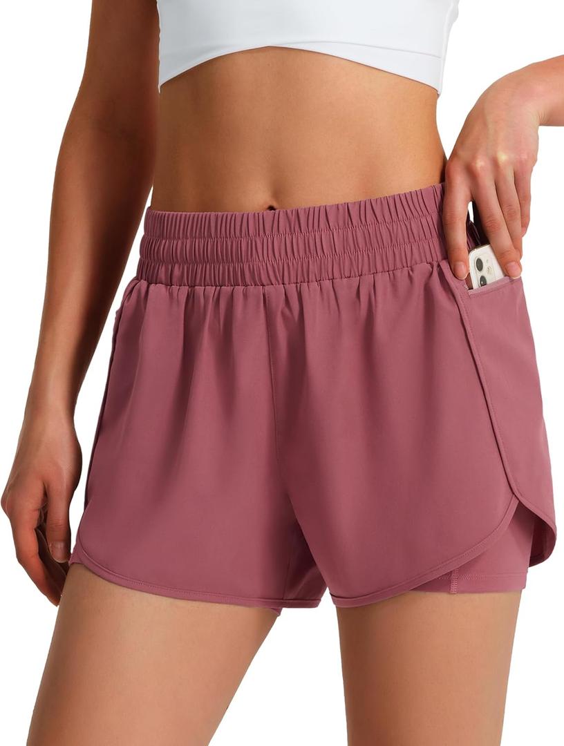 Ksmien Women's Running Shorts Quick Dry Lightweight Athletic Workout Shorts with Liner Phone Pockets (Medium, Light Wine Red)