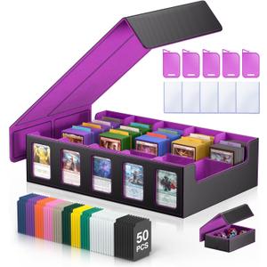 MORCCO Trading Card Storage Box 5-Row 3900+ Capacity,TCG MTG Card Case with Magnetic Lid & Commander Display,Top Loader Storage for Sports Cards, Includes Dividers Dice Box Black Purple