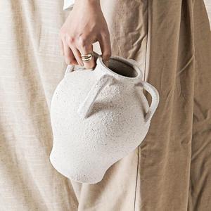 Ceramic Vase, White Textured with 4 Handles, 8.8 Inch Flower Vase