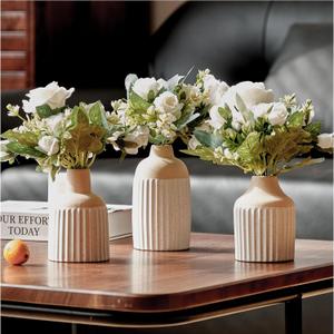 White Ceramic Vase Set of 3, Fake Flowers in Vase, Attached 3 bunches Silk Roses Flowers, Modern Boho Vases Home Decor for Kitchen Living Dining Room Coffee Table Centerpiece Decoration (Beige White)
