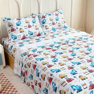 Full Sheet Set Kids - Cars 4 Pieces Soft Microfiber Cartoon Style Bedsheets for Boys Girls Teens, Oeko TEX Breathable 15 Inch Deep Pocket Sheets (Engineering Cars)