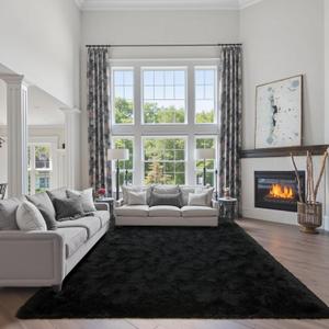 FinRec 6x9 Feet Black Rugs for Bedroom Living Room, Plush Shag Area Rug, Non-Slip Fluffy Furry Rug for Nursery Kids Room Dorm Room Home Decor, Indoor Shaggy Floor Carpet