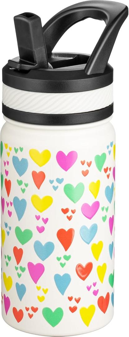 Fanhaw 14 Oz Kids Insulated Water Bottle with Straw - Stainless Steel Double Wall Vacuum Cup, Leakproof, BPA Free, Suitable for Boys and Girls(White - Rainbow Hearts)