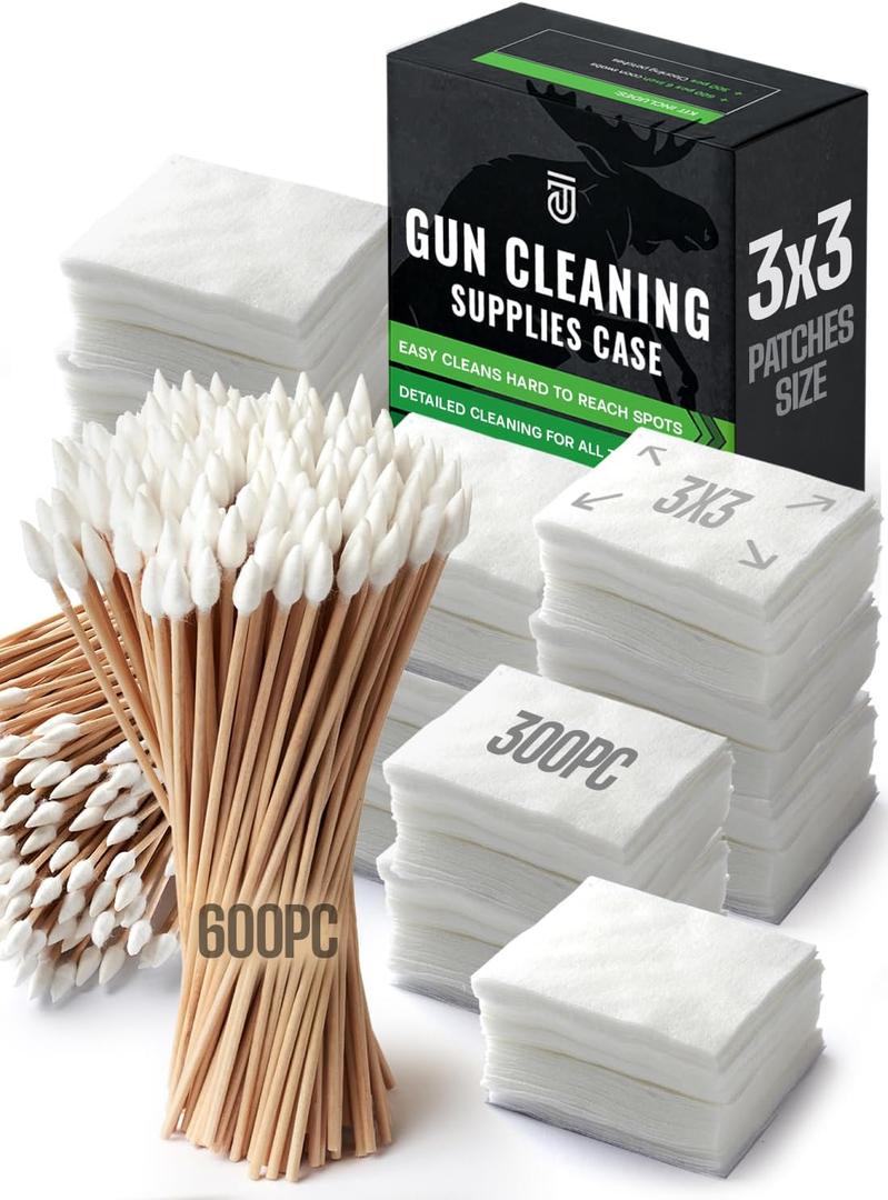 900pc Gun Cleaning Supplies Case - 300pcs Patches & 600pcs Swabs - 6-inch Lint Free, 3x3 Inch Highly Absorbent Patches - Cleaning Kit Supplies