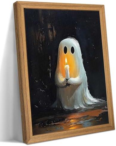 Framed Vintage Halloween Ghost Wall Art - Spooky Candle Ghost Fall Texture Pictures Wall Decor for Living Room, Kids Room, Halloween Bedroom or Party 16x24 inch