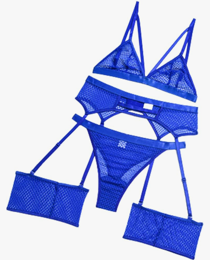 Sexy Fishnet Lingerie Set for Women Sheer Mesh Lace Strappy Garter Lingerie 3 Piece Bra and Panty Set with Garter Belt S