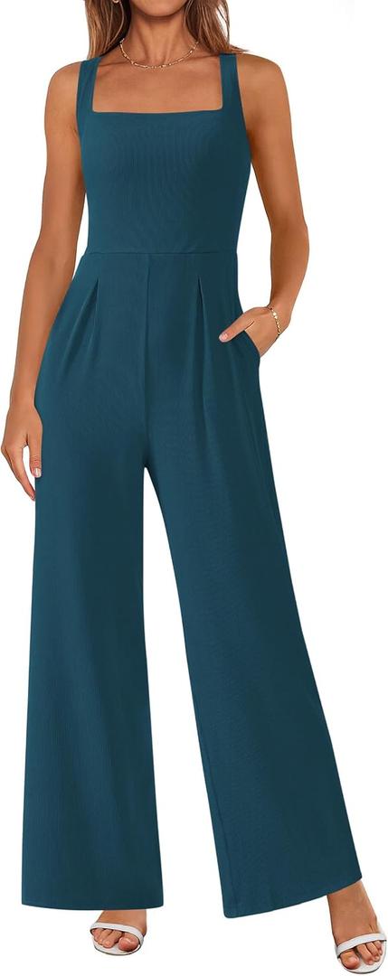PRETTYGARDEN Summer Sleeveless Jumpsuits for Women Dressy Square Neck Wide Leg Pants Knit One Piece Rompers Fashion Clothing, S
