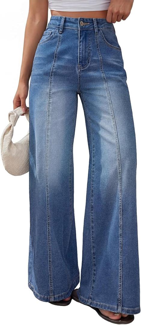 Trendy Queen Women's Wide Leg Baggy Jeans - High Waisted Relaxed Fit Pants, Super Soft Stretch Denim with Front Seam (14, Blue)