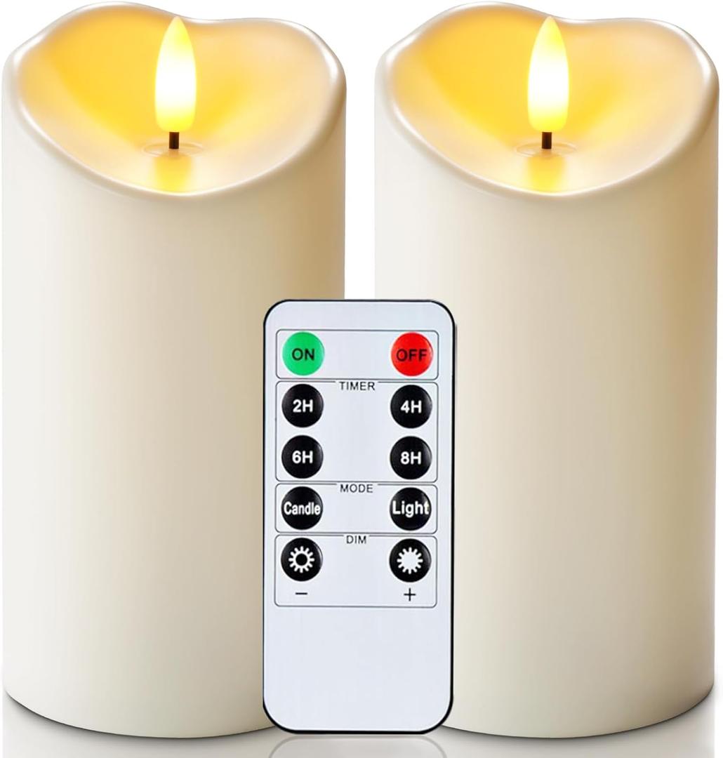 Homemory 6"x3" Outdoor Waterproof Flameless Candles, LED Candles, Battery Operated Candles with Remote and Timers, Electric Fake Plastic Pillar Candles, Ivory White, Set of 2