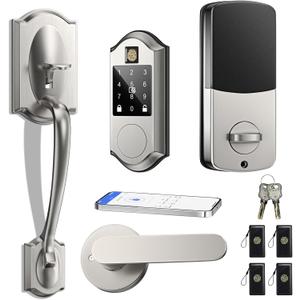 Fingerprint Smart Locks for Front Door with Handle Set, Keyless Entry Door Lock, Front Door Lock Set, App Control, Touchscreen Keypad Deadbolt, Auto Lock, Satin Nickel